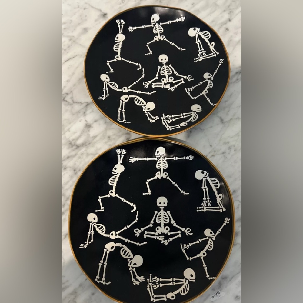 Eli + Ana  Yoga Skeleton Namaste Halloween Salad Plates Set of 2